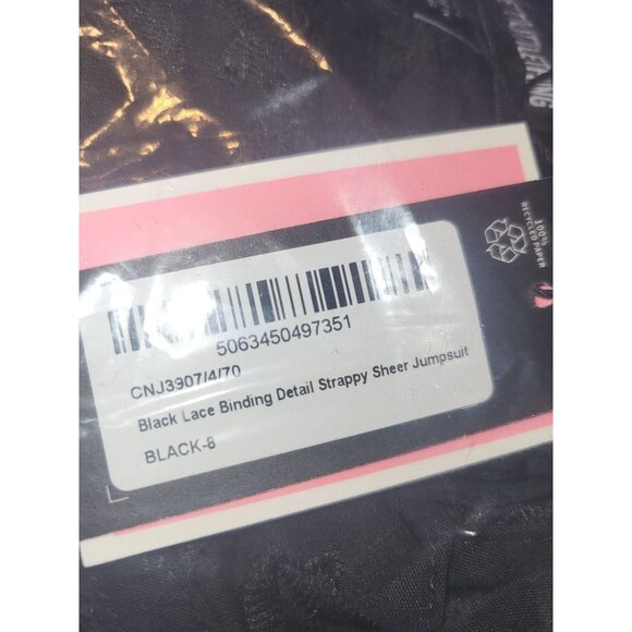 PrettyLittleThing Black Lace Binding Detail Strappy Sheer Jumpsuit Size 4 - Picture 7 of 8